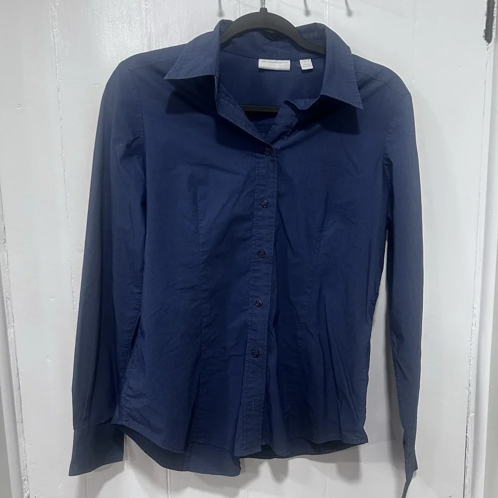 NY & Co Blue Fitted Button Up Women Blouse Cotton Blend Size m Career Business